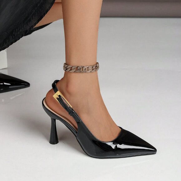 Black Elegant Women's Pointed Toe Lacquered Slingback High Heel - Picture 6 of 6